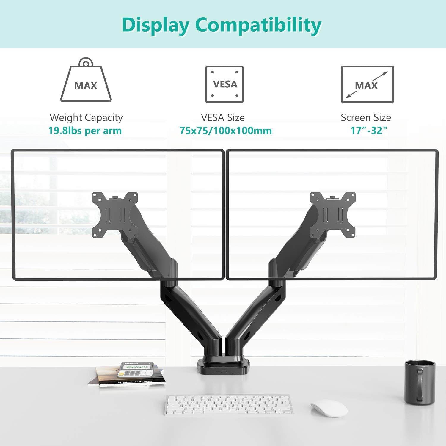 WALI Dual Monitor Stand, Adjustable Gas Spring Mount for 2 Monitors up to 32, C Clamp & Grommet Base, Black, Dual Arms, 19.8lbs (GSMP